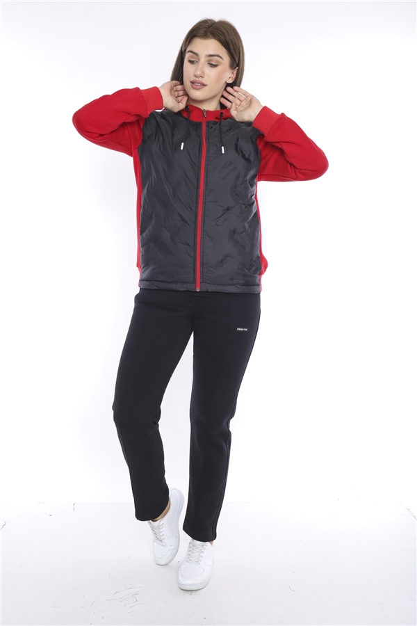 Escetic Kırmızı Kadın Kalın 3 İplik Kumaş İçi tüylü Kapüşonlu Spor Slimfit Eşofman Takımı 6680