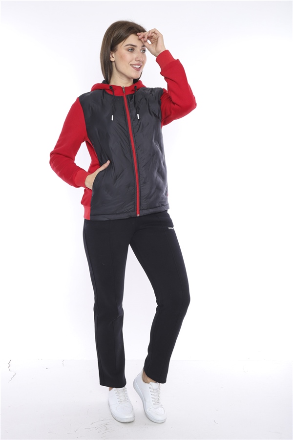 Escetic Kırmızı Kadın Kalın 3 İplik Kumaş İçi tüylü Kapüşonlu Spor Slimfit Eşofman Takımı 6680