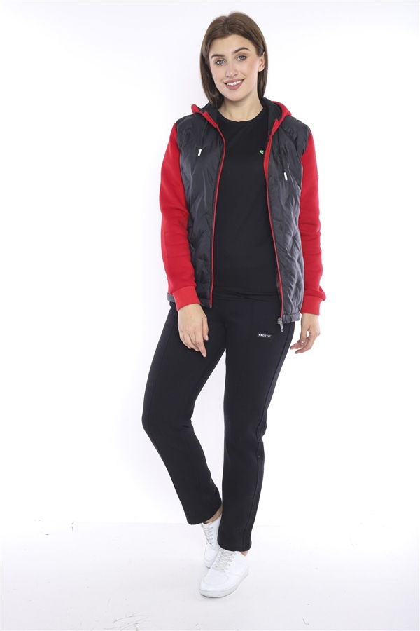 Escetic Kırmızı Kadın Kalın 3 İplik Kumaş İçi tüylü Kapüşonlu Spor Slimfit Eşofman Takımı 6680