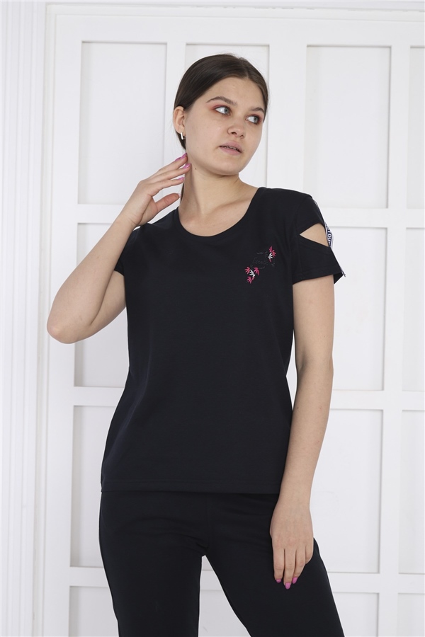 Escetic Lacivert Kadın Nakış Detaylı ABD Pike Nefes Alan T-shirt Takım A3068