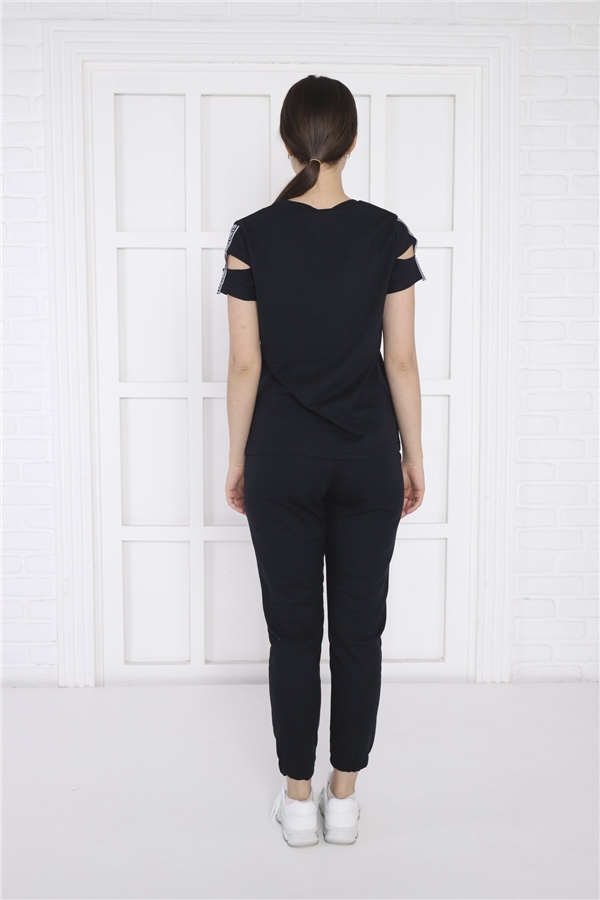 Escetic Lacivert Kadın Nakış Detaylı ABD Pike Nefes Alan T-shirt Takım A3068