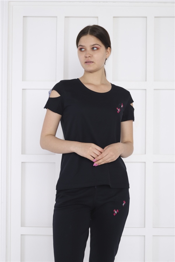 Escetic Lacivert Kadın Nakış Detaylı ABD Pike Nefes Alan T-shirt Takım A3068