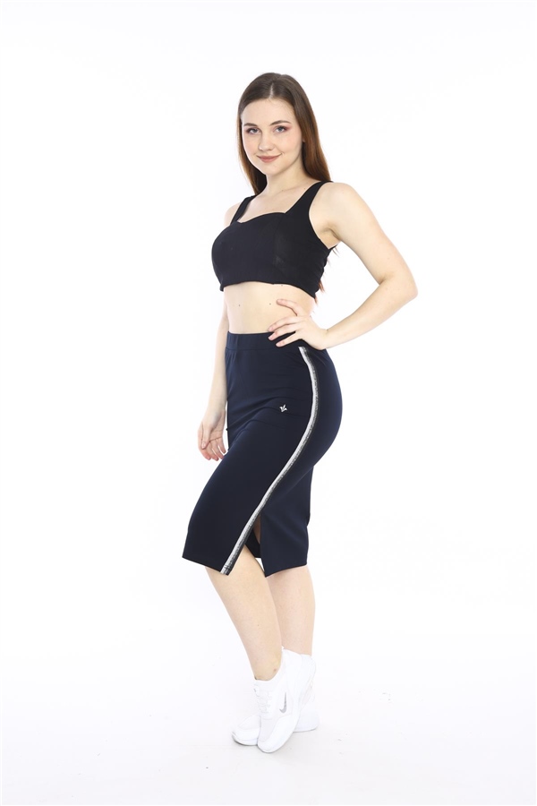 Escetic Lacivert Kadın Süper 2 İplik Yırtmaç Şerit Detaylı Spor Etek 0617