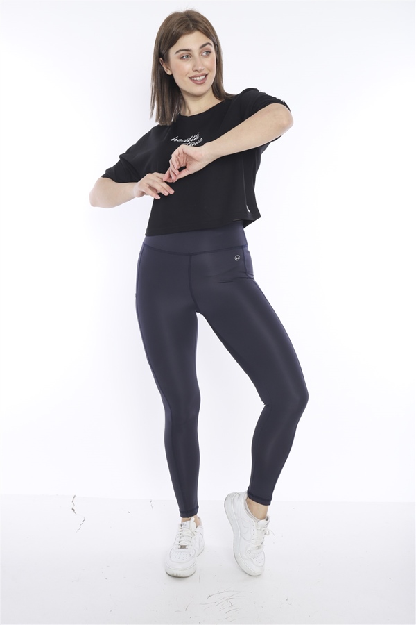 Escetic Lacivert Kadın Mikro Dalgıç Kumaş 2 Cepli Toparlayıcı Uzun Tayt B1123