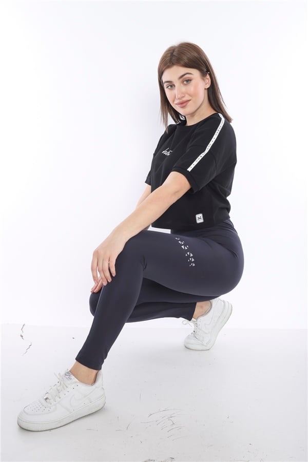 Escetic Lacivert Kadın Mikro Dalgıç Kumaş Baskılı Toparlayıcı Uzun Tayt B1124