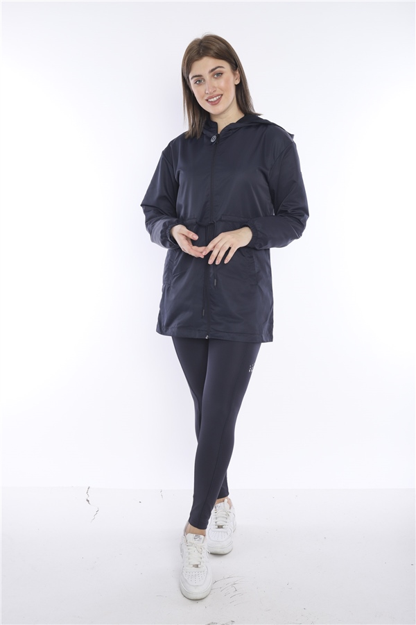 Escetic Kadın Lacivert File Astarlı Cepli Kapüşonlu Spor Rüzgarlık Yagmurluk İnce Ceket 6723