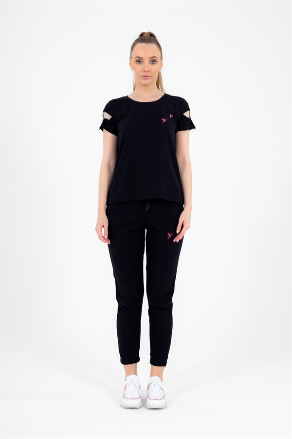 Escetic Siyah Kadın Nakış Detaylı ABD Pike Nefes Alan T-shirt Takım A3068