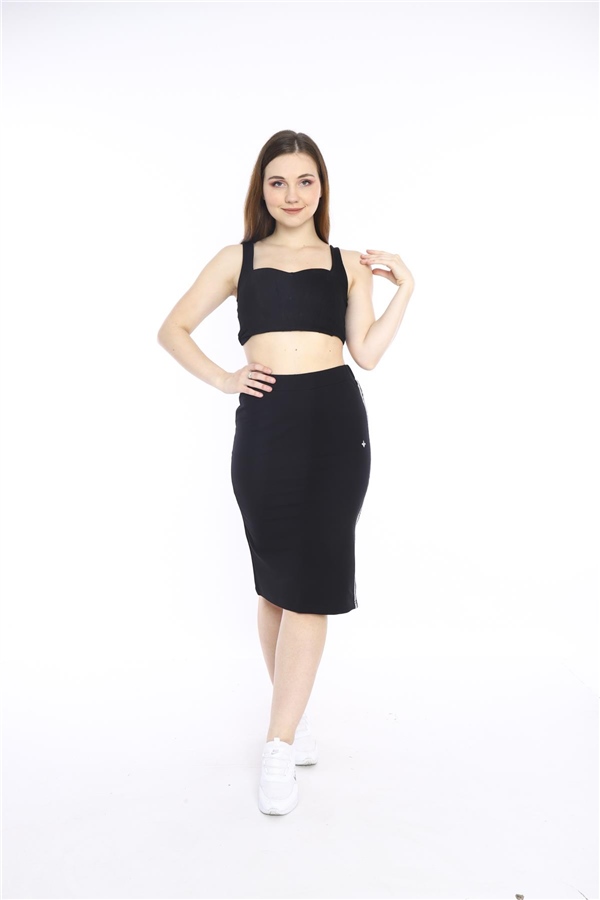 Escetic Siyah Kadın Süper 2 İplik Yırtmaç Şerit Detaylı Spor Etek 0617