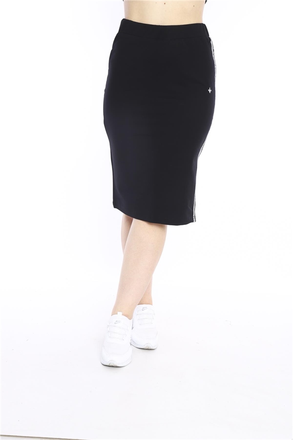Escetic Siyah Kadın Süper 2 İplik Yırtmaç Şerit Detaylı Spor Etek 0617