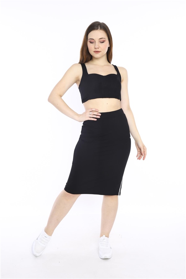 Escetic Siyah Kadın Süper 2 İplik Yırtmaç Şerit Detaylı Spor Etek 0617