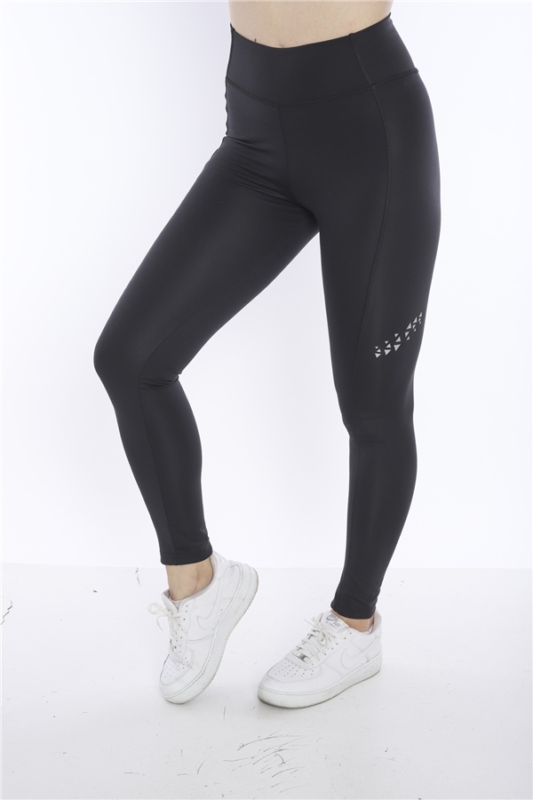 Escetic Siyah Kadın Mikro Dalgıç Kumaş Baskılı Toparlayıcı Uzun Tayt B1124