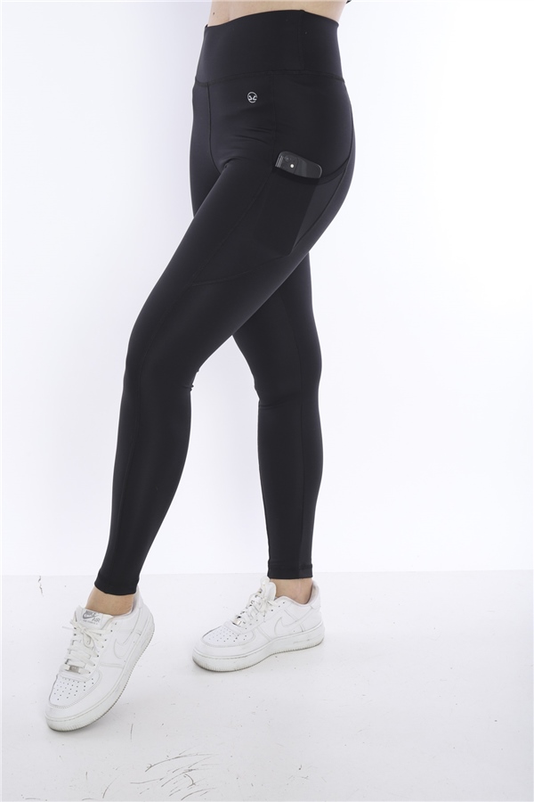 Escetic Siyah Kadın Mikro Dalgıç Kumaş 2 Cepli Toparlayıcı Uzun Tayt B1123