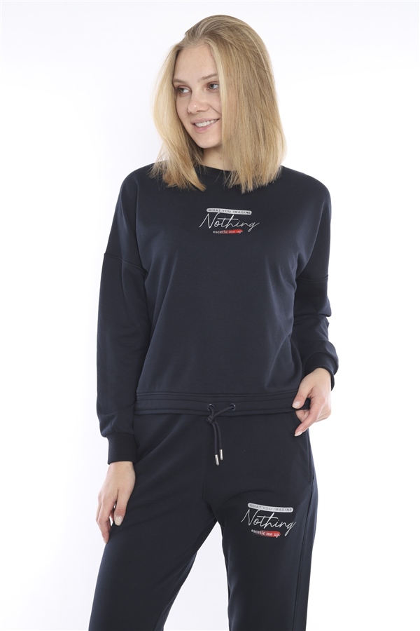 Kadın Spor Slimfit Lacivert Sweatshirt Takım