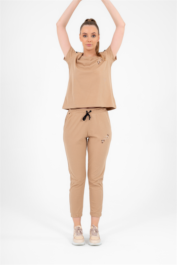 Escetic Somon Kadın Nakış Detaylı ABD Pike Nefes Alan T-shirt Takım A3068