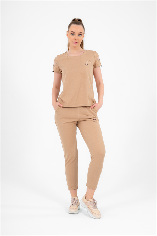 Escetic Somon Kadın Nakış Detaylı ABD Pike Nefes Alan T-shirt Takım A3068