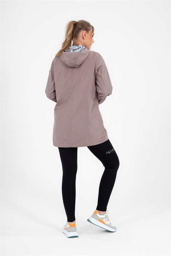 Escetic Kadın Toprak Rüzgarlık Sabit Kapüşonlu Desenli Astarlı Su İtici Mevsimlik İnce Ceket 6562