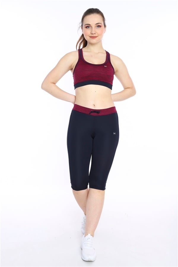Escetic Kadın Vişne Kırçıllı Fitness Bra Yoga Spor Büstiyer Kapri Tayt Takım 0116-1