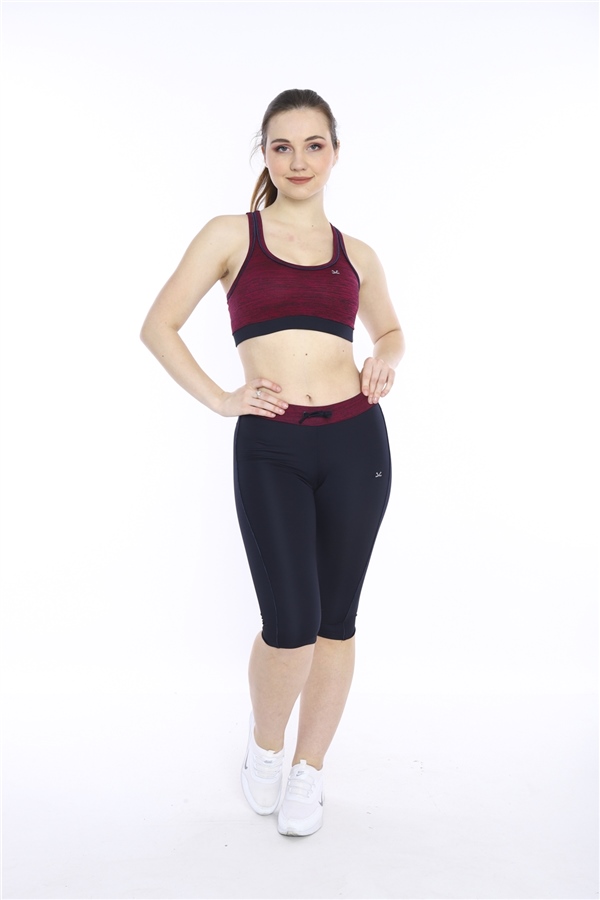 Escetic Kadın Vişne Kırçıllı Fitness Bra Yoga Spor Büstiyer Kapri Tayt Takım 0116-1