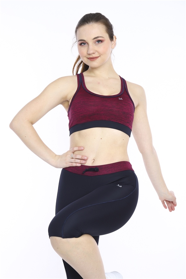 Escetic Kadın Vişne Kırçıllı Fitness Bra Yoga Spor Büstiyer Kapri Tayt Takım 0116-1