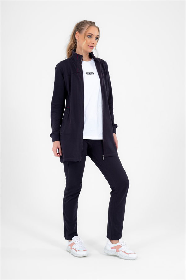 Escetic Koyu Gri Kadın Yazlık Dik Yaka Cepli Fermuarlı Spor Slimfit Tunik Eşofman Takımı 6760