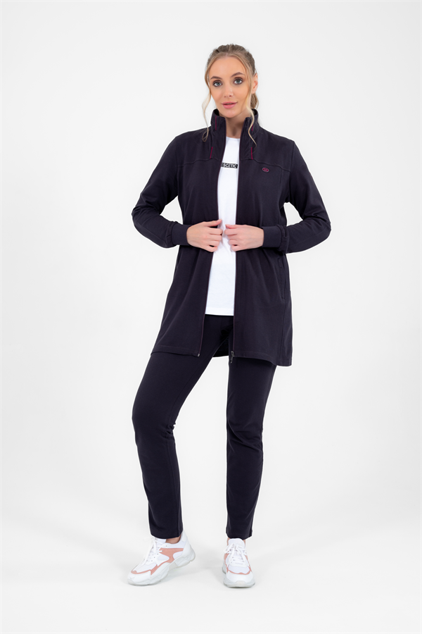 Escetic Koyu Gri Kadın Yazlık Dik Yaka Cepli Fermuarlı Spor Slimfit Tunik Eşofman Takımı 6760