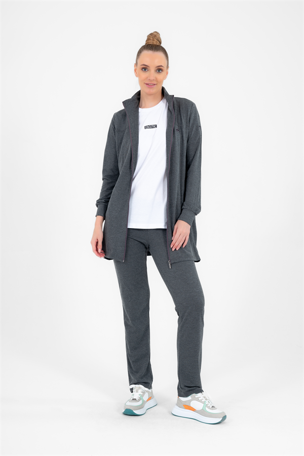 Escetic G3 Melanj Kadın Yazlık Dik Yaka Cepli Fermuarlı Spor Slimfit Tunik Eşofman Takımı 6760