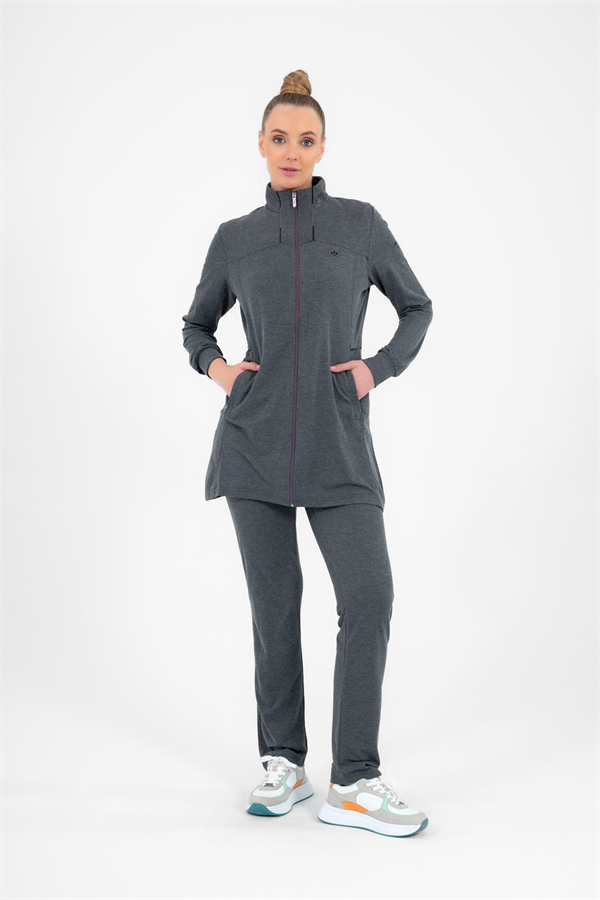 Escetic G3 Melanj Kadın Yazlık Dik Yaka Cepli Fermuarlı Spor Slimfit Tunik Eşofman Takımı 6760