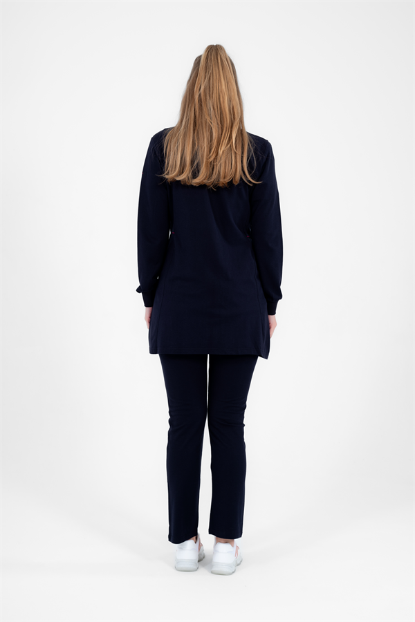 Escetic Lacivert Kadın Yazlık Dik Yaka Cepli Fermuarlı Spor Slimfit Tunik Eşofman Takımı 6760