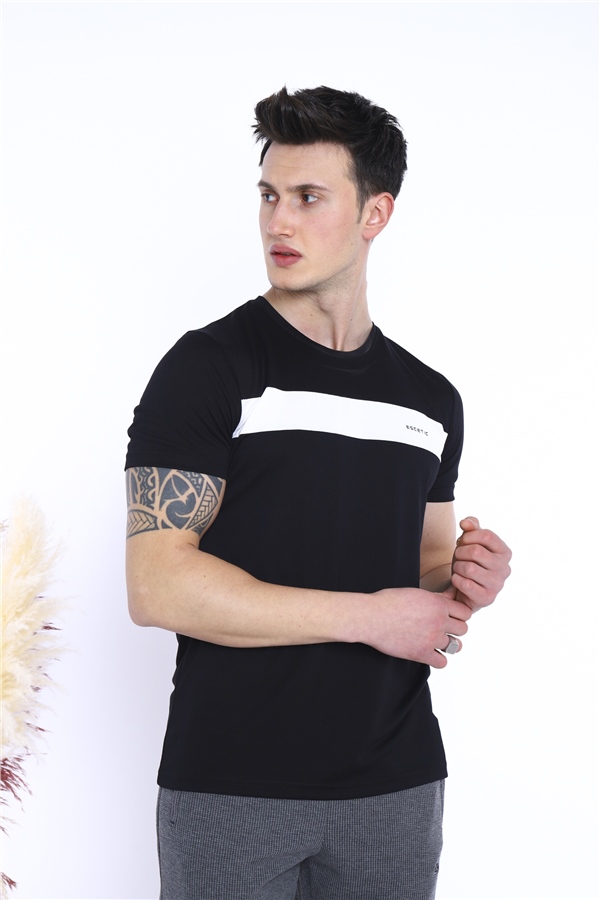 Erkek Siyah Spor Simit Yaka Slimfit Nefes Alan Floşlu Vanize Süprem Kumaş T-Shirt 0831