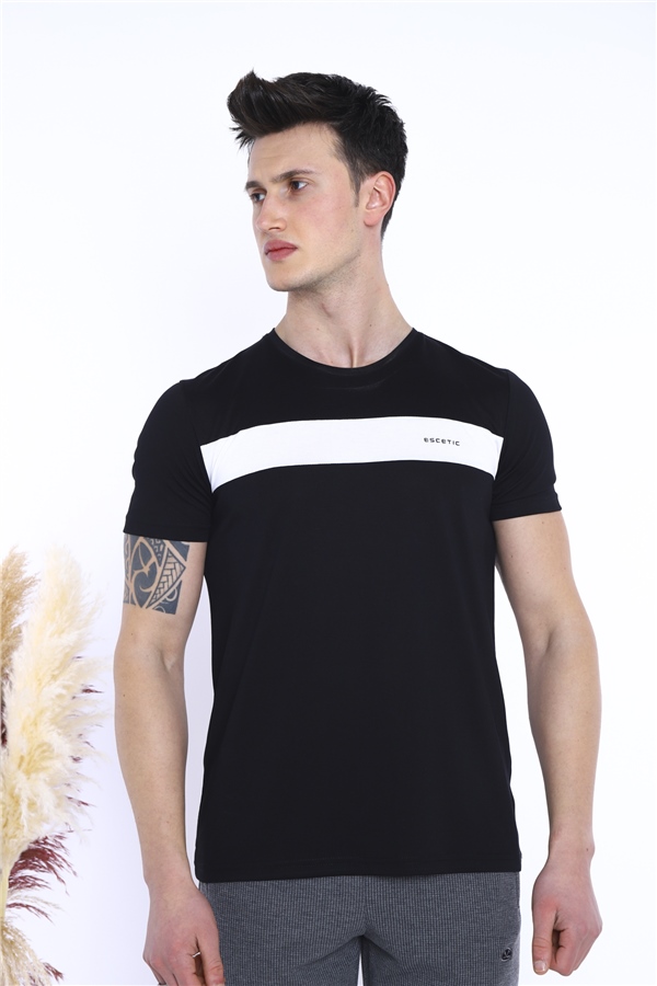 Erkek Siyah Spor Simit Yaka Slimfit Nefes Alan Floşlu Vanize Süprem Kumaş T-Shirt 0831