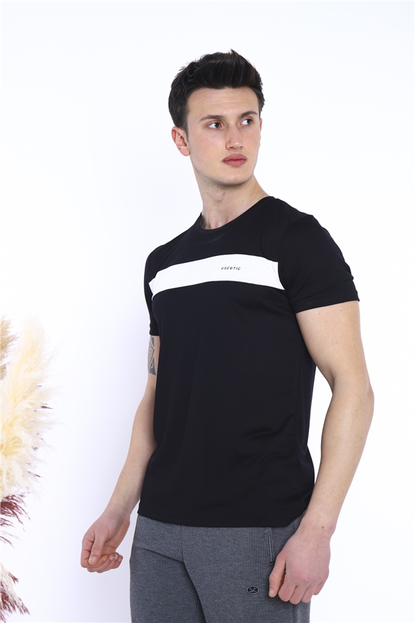 Erkek Siyah Spor Simit Yaka Slimfit Nefes Alan Floşlu Vanize Süprem Kumaş T-Shirt 0831