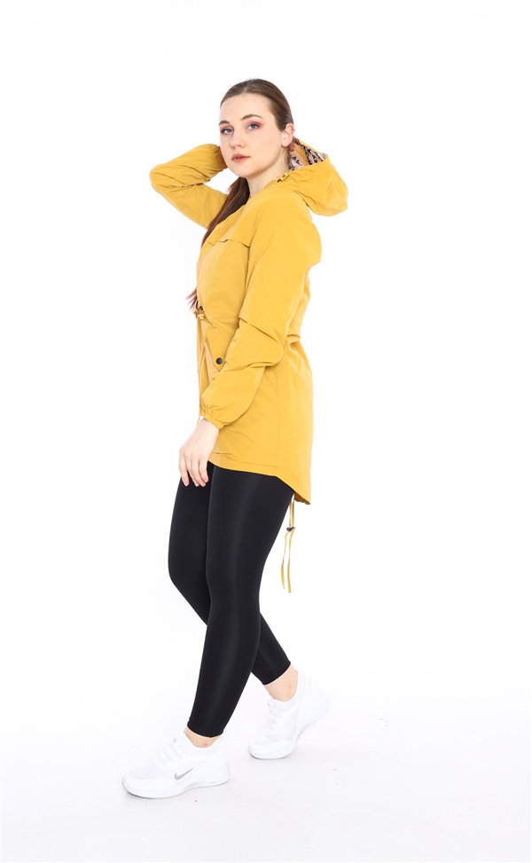 Escetic Kadın Hardal Rüzgarlık 2 Cepli Sabit Kapüşonlu Desenli Astarlı Su İtici Mevsimlik İnce Ceket 6562