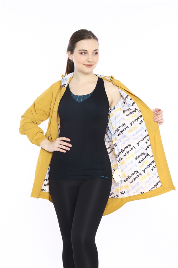 Escetic Kadın Hardal Rüzgarlık 2 Cepli Sabit Kapüşonlu Desenli Astarlı Su İtici Mevsimlik İnce Ceket 6562