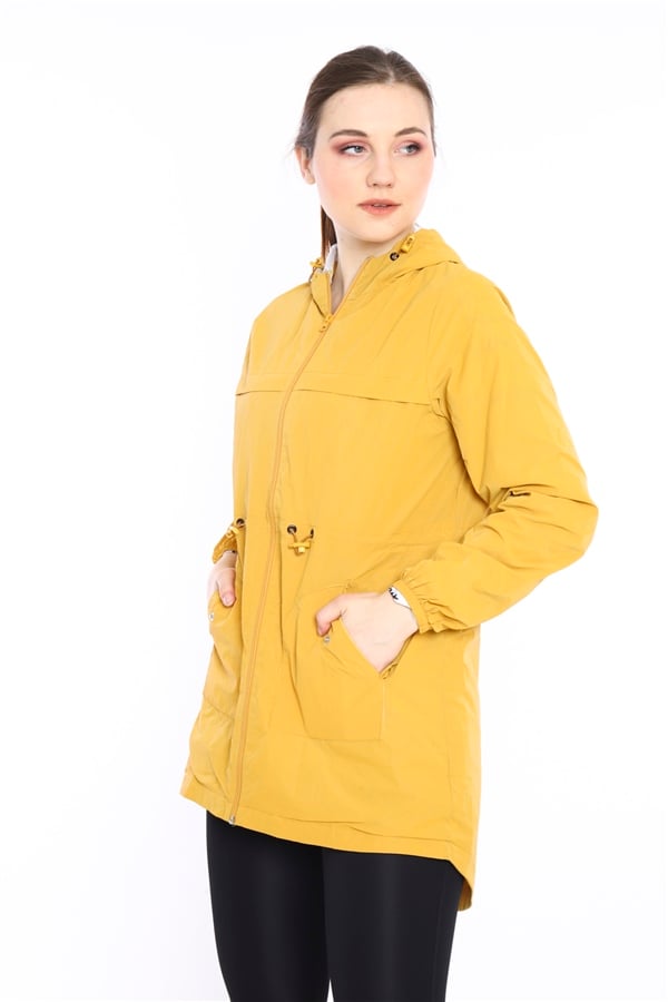 Escetic Kadın Hardal Rüzgarlık 2 Cepli Sabit Kapüşonlu Desenli Astarlı Su İtici Mevsimlik İnce Ceket 6562