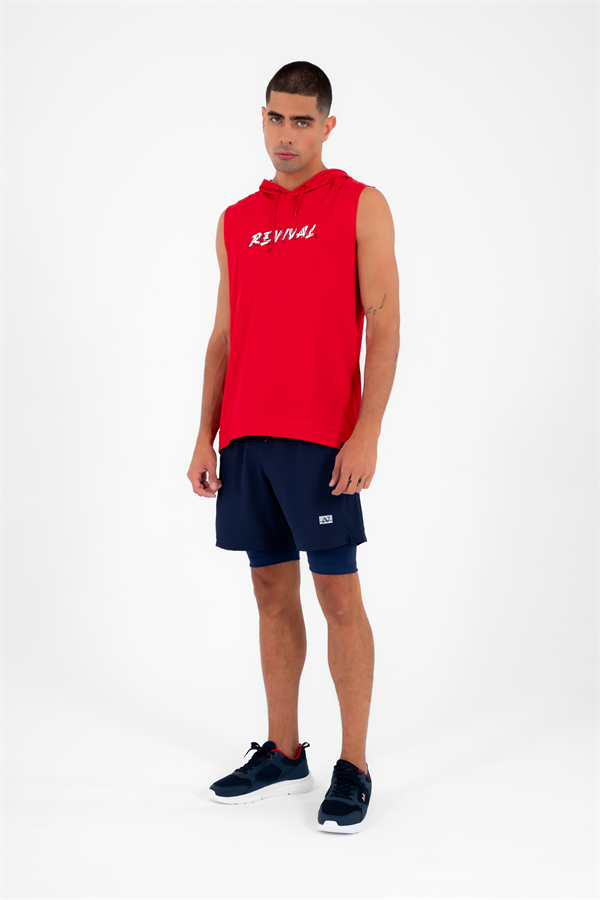 Erkek Kırmızı Spor Kapüşonlu Slimfit Nefes Alabilen %100 Pamuk Süprem Kumaş Kolsuz T-Shirt 0995
