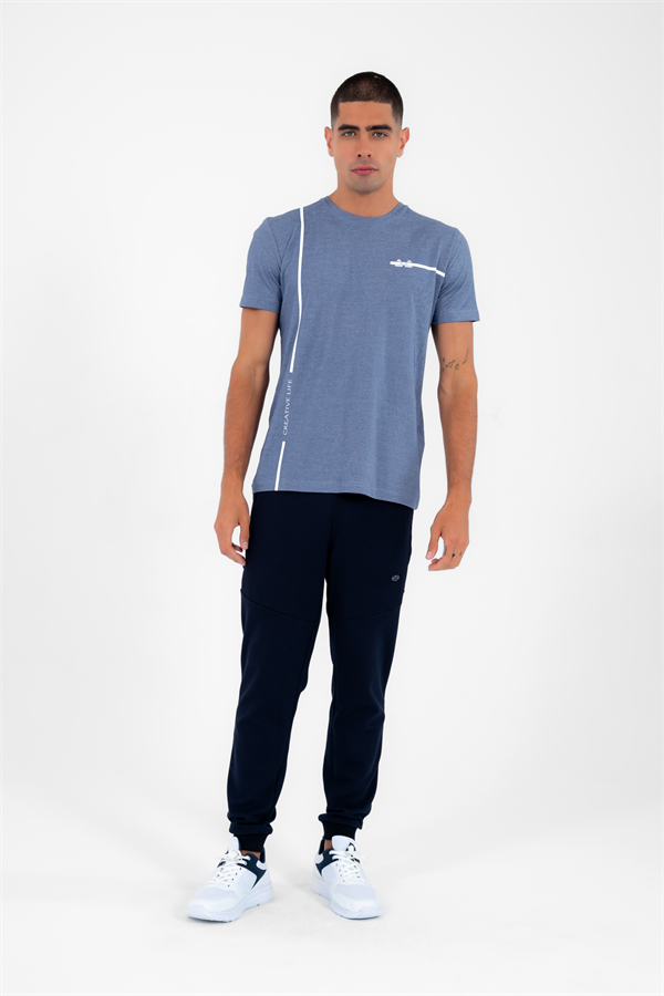 Erkek Mavi Spor Bisiklet Yaka Slimfit Nefes Alabilen ABD Pike Pamuklu Kumaş T-Shirt T0038
