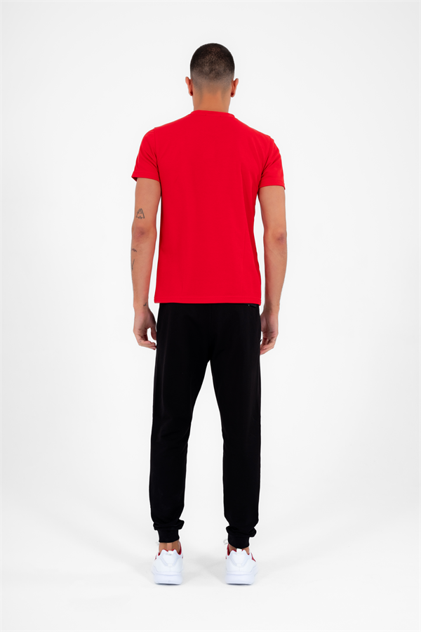 Erkek Kırmızı Spor Bisiklet Yaka Slimfit Nefes Alabilen ABD Pike Pamuklu Kumaş T-Shirt T0013