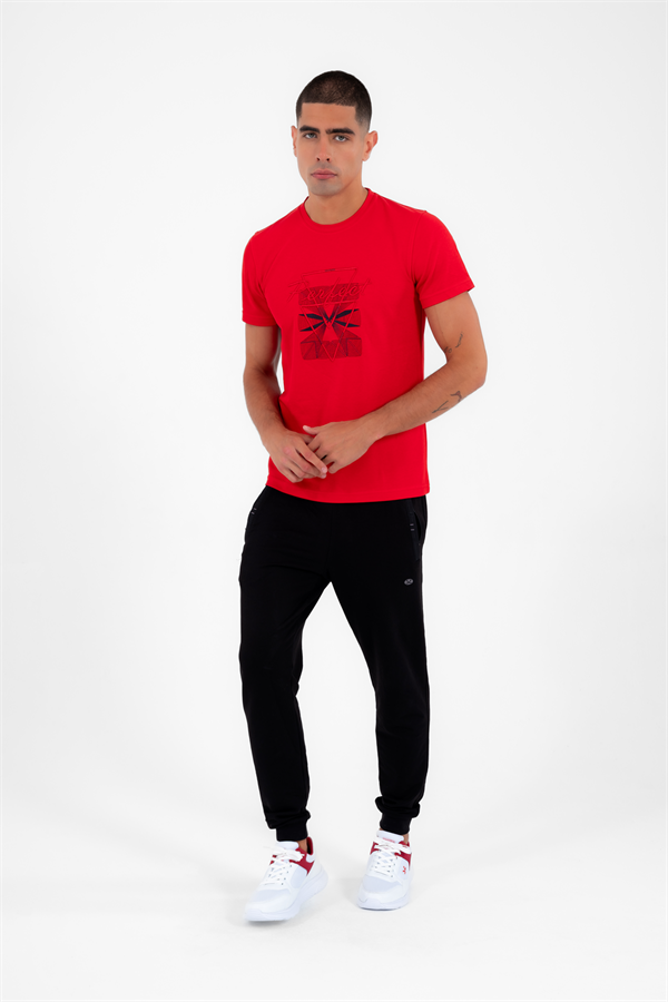 Erkek Kırmızı Spor Bisiklet Yaka Slimfit Nefes Alabilen ABD Pike Pamuklu Kumaş T-Shirt T0013