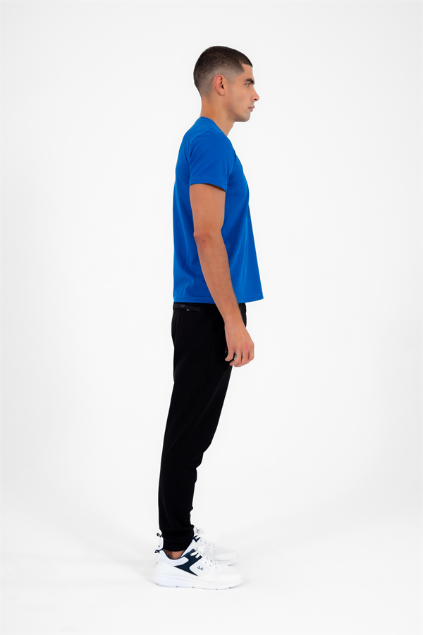 Erkek Mavi Spor Bisiklet Yaka Slimfit Nefes Alabilen ABD Pike Pamuklu Kumaş T-Shirt T0013