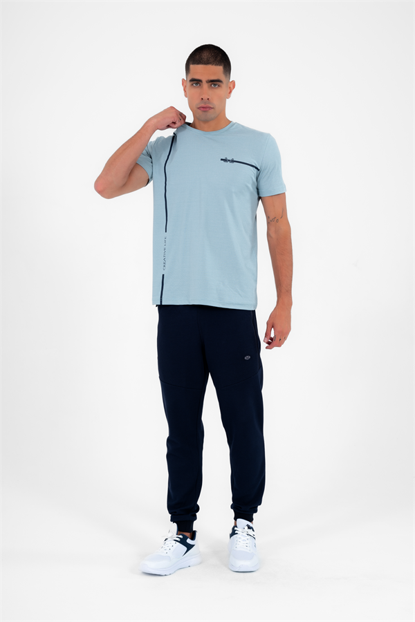 Erkek Mavi Spor Bisiklet Yaka Slimfit Nefes Alabilen Pamuklu Aves Kumaş T-Shirt T0038