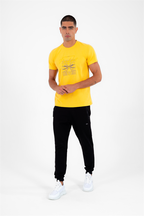 Erkek Sarı Spor Bisiklet Yaka Slimfit Nefes Alabilen ABD Pike Pamuklu Kumaş T-Shirt T0013