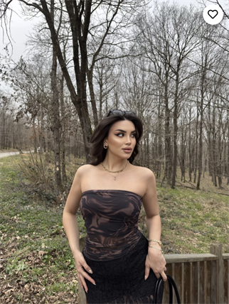 Kahverengi Desenli Straplez Tül Crop