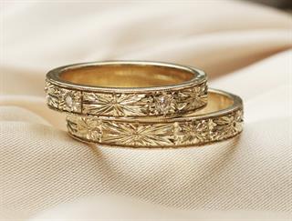 Vintage Kalemli Pırlantalı Çift Alyans 14K