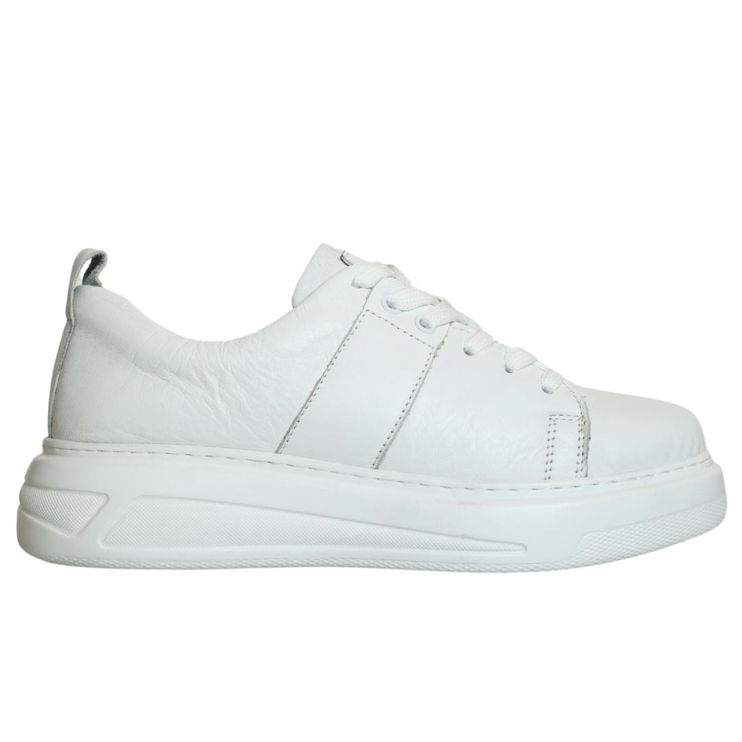 Beyaz Deri Kadın Bağcıklı Sneaker