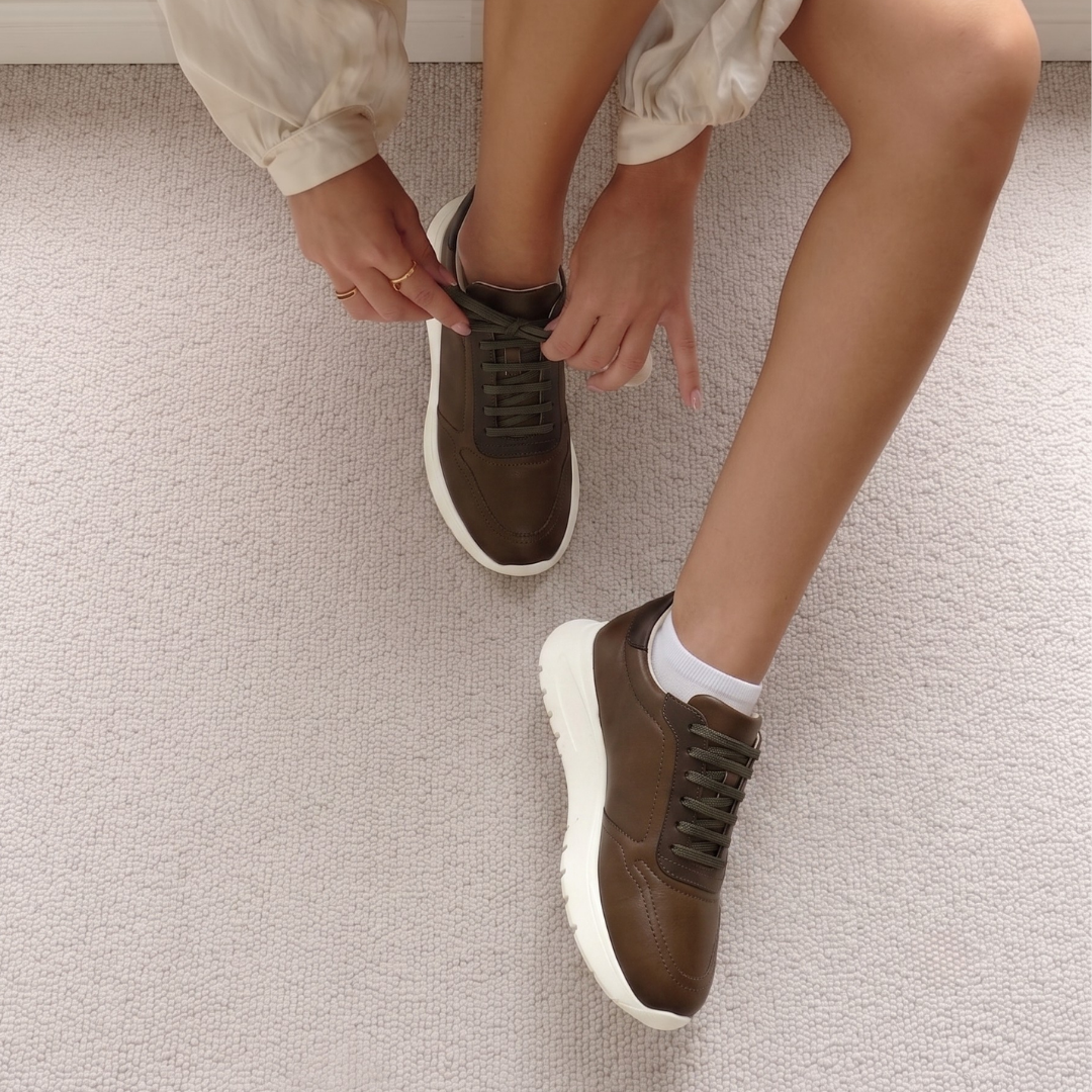 Haki Deri Kadın Sneaker