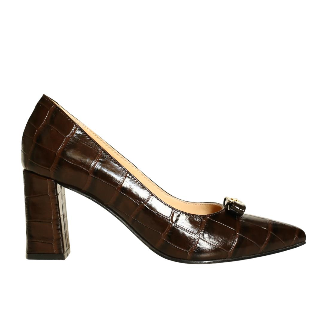 Kahve Kroko Deri Kadın Topuklu Ayakkabı