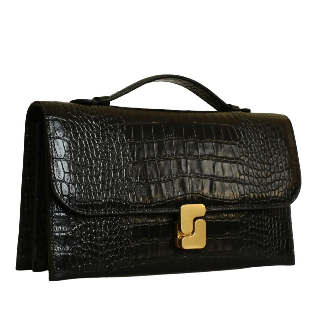 Siyah Kroko Baskı Deri Kadın El Çantası