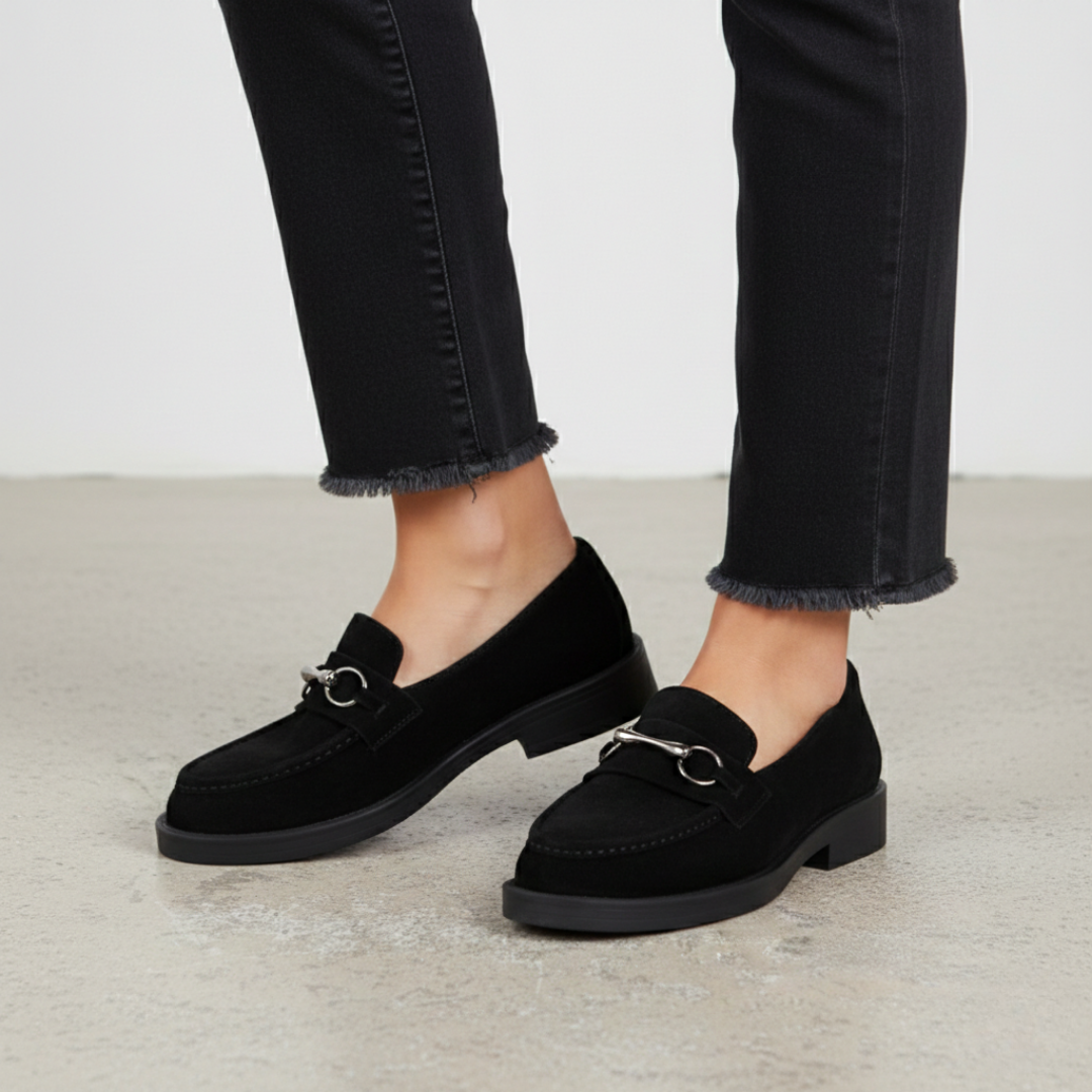Siyah Süet Kadın Tokalı Loafer