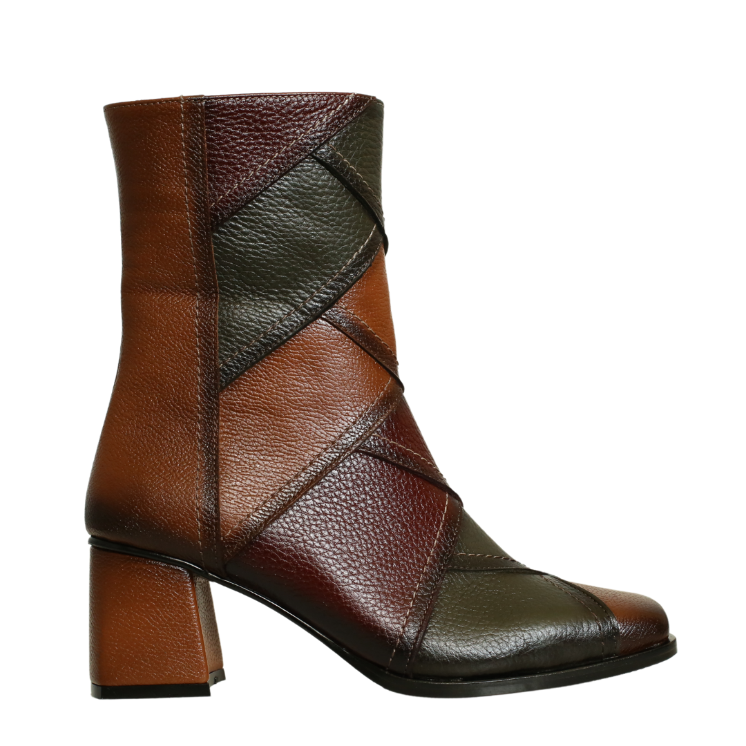 Taba Deri Kombin Kadın Topuklu Bot
