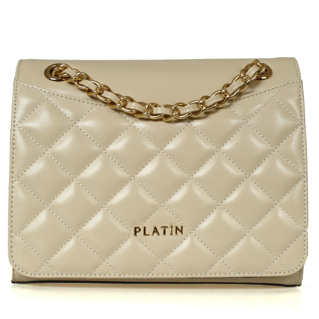 Bej Deri Kapitone Kadın Omuz Çanta